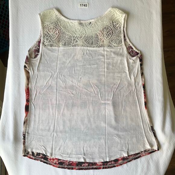 Carol Rose Women’s Sleeveless Blouse size L, Tan Purple & Red, Lace Details - Picture 5 of 5